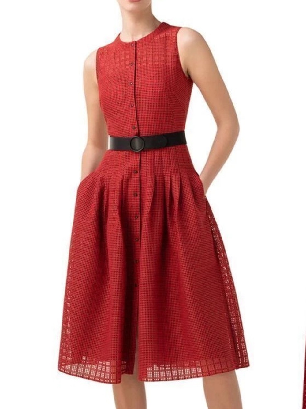 Akris Punto Red Silk Eyelet Grid Fit Flare Button Front Midi Dress Size US 12